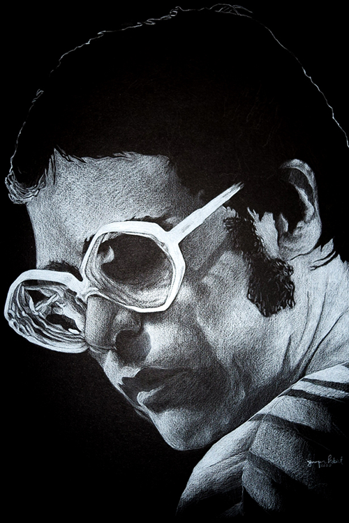 Elton John peering over his left shoulder. Illustration rendered in white conte pencil on white board.