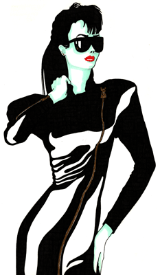 A fashion illustration of a woman wearing a black vinyl dress rendred in pen and ink.