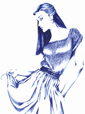 A fashion illustration of a woman wearing a skirt rendered in Bic pen.