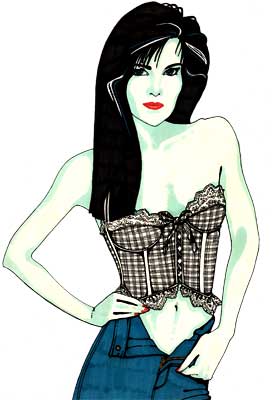 A fashion illustration of a woman wearing a bustier rendred in pen and ink.