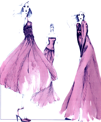 A fashion illustration of three women wearing long purple gowns rendred in Bic pen and watercolor.