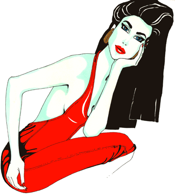 A fashion illustration of a woman wearing a red dress rendred in marker.