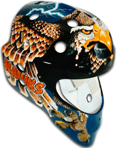 Custom painted goalie mask for Bethel Park Hawks, a local high school team in Pittsburgh, PA.
