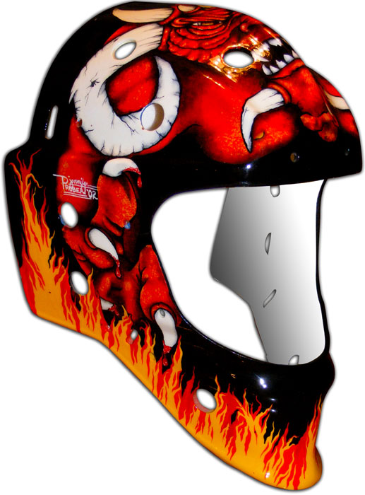 Custom painted goalie mask in a demon from hell theme.
