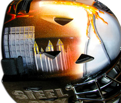 Custom painted goalie mask in a molten steel and Steel City Pittsburgh theme.